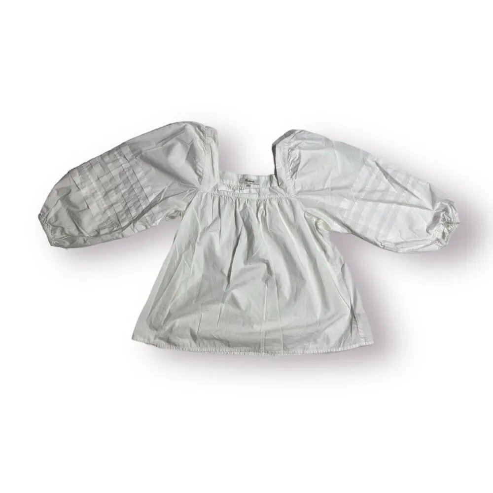 Madewell Square-Neck White Top Cottage Core Pleat Balloon Puff Sleeve Size Small